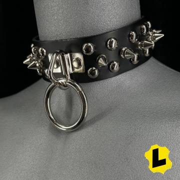 Leather Collar With Ring, Spikes And Round Studs